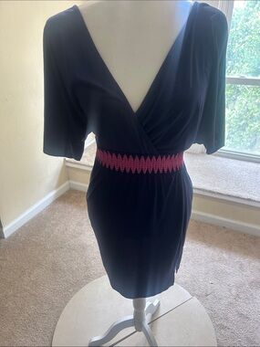 Black Midi Wrap Dress with Pink Elastic Waistband Accent